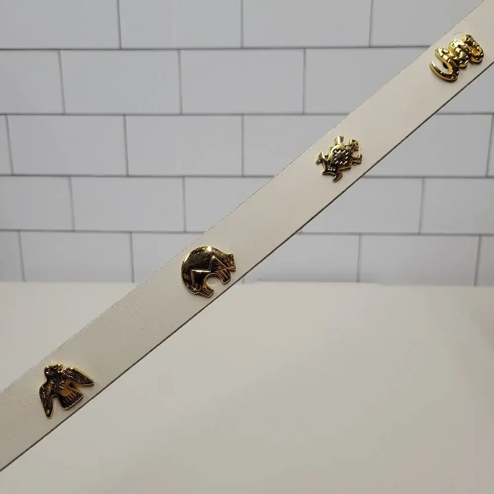 Vintage White Genuine Leather Southwestern Concho Belt M/L Gold Animal Studs